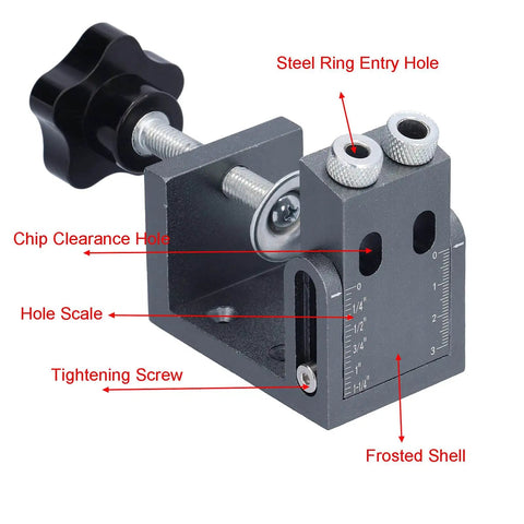 Oblique Pocket Hole Jig Kit With 15 Degree Adjustable Drilling Locator, Self Tightening Clamp, and scale for woodworking.