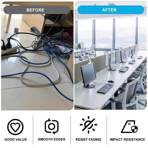 Before and after using JTemgle 2 Inch White Desk Grommet Cable Hole Cover for Desk Cord Management, showing organized cables on tables.