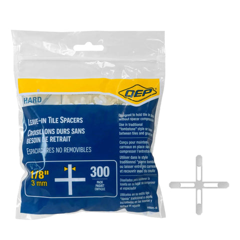 Packaging and sample of 1/8 Inch Hard Tile Spacers for Traditional or Leave-In Installations, 300 Pack, featuring spacer design and branding.