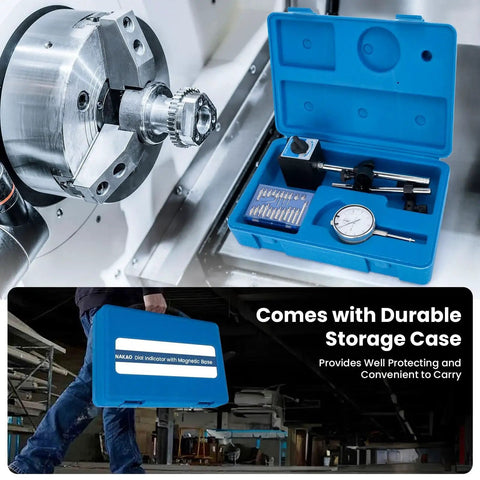 Pro Grade Dial Indicator With Magnetic Base And Point Precision Inspection Set Long Arm Dial Test Indicator 0 To 1 Inch Range 0.001 Inch Resolution Magnetic Base Holder With Fine Adjustment Blue in storage case next to machinery.