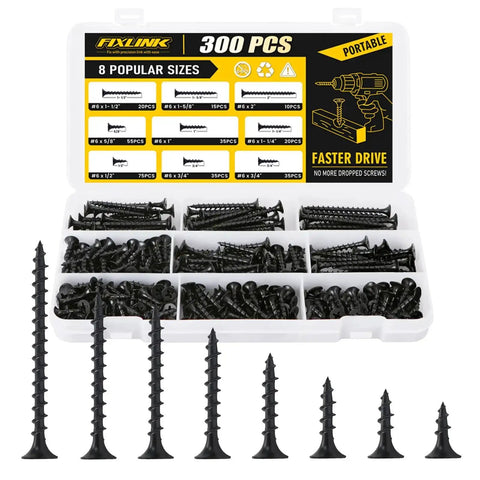 300 Piece Drywall And Wood Screws Assortment Kit With Flat Head Coarse Thread Phillips Drive Black Finish DIY Friendly Eight Sizes From Two Inch To One Half Inch shown in open compartment box.