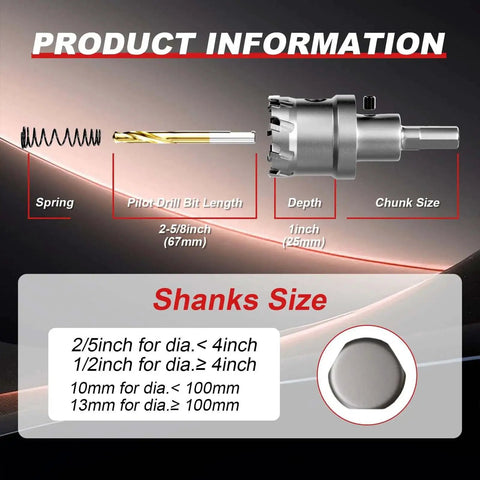 Heavy Duty 21 Piece Carbide TCT Hole Saw Kit For Metal And Wood With Titanium Pilot Bits, Step Pilot Drill Bits, And L Wrench product information showing spring, pilot drill bit length, depth, and chunk size.