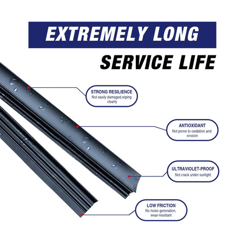 26 Inch And 16 Inch Wiper Blades Set For Hyundai Toyota Honda And More Hook Type Easy Install All Weather Performance For Tucson Elantra Kona Corolla RAV4 Accord CRV Sedans And SUVs, close-up of wiper blade features.