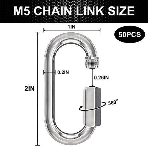 Dimensions of Fifty 2 Inch Chain Quick Links Set M5 Galvanized Steel Heavy Duty Carabiner Clips with 650 lb capacity, 50 pcs shown