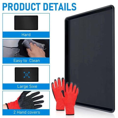Triple Pack Extra Large Oil Drip Pan 35.4 X 24 Inch Heavy Duty Plastic Drain Tray with red gloves, easy cleaning features