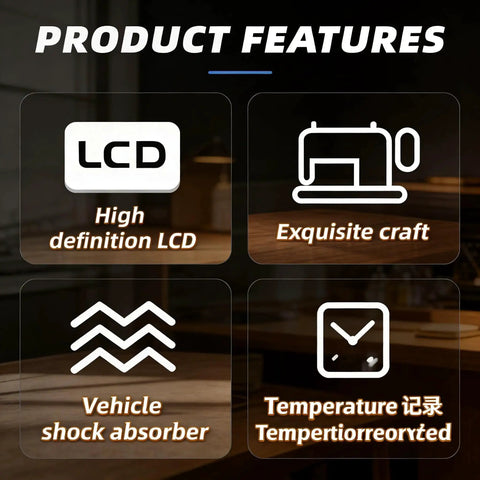 Product features with icons for high definition LCD, exquisite craft, vehicle shock absorber, temperature readout.