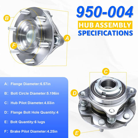 Front Wheel Bearing Hub Assembly Set 2x 950-004 Compatible With Toyota Tacoma 2005-2019, diagram showing specifications