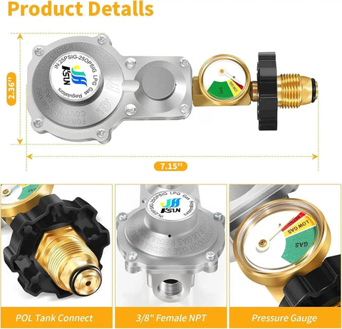 Two Stage Propane Regulator With Gauge For RVs Campers And Generators GGC, heavy duty dual stage with POL and 3/8 inch NPT connectors