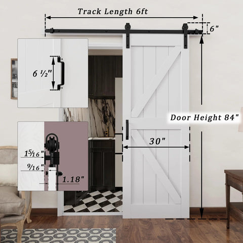 Sliding Barn Door 30 Inch By 84 Inch With 6 Foot Hardware Kit And Handle White Solid MDF Surface Installed in Living Space
