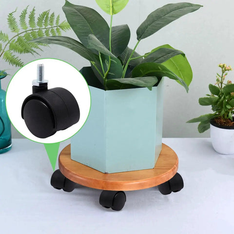 1 Inch Stem Swivel Casters Set Of 4, M6 Threaded Stem, 360 Degree Rotation installed on a plant stand for quiet rolling, black.
