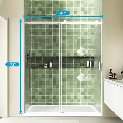 Frameless Sliding Shower Door 48x72 Inches With 1/4 Inch Tempered Glass, Heavy-Duty 304 Stainless Steel Hardware installed in bathroom