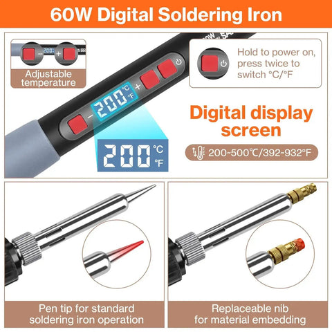 Digital display and tips of 60W soldering iron from Heat Set M3 Threaded Inserts Kit With 60W Digital Soldering Iron 360Pcs Threaded Inserts Bolts Nuts And Insert Tips For 3D Printer Parts And Plastic Projects