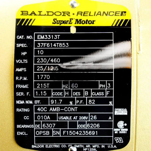 Specification label for 3-Phase General Purpose AC Motor, 215T Frame, OPSB Enclosure, 10 HP Output, 1770 RPM, 60Hz, 230/460V, Single Unit