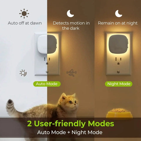 Plug In Led Backlit Night Light With Motion Sensor Dusk To Dawn 1 To 50 Lm 4Pack showing auto and night modes with cat visible