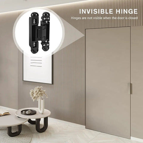 Hidden Door Hinge Set for Concealed Installations, visible door with inset of black hinge, 6-inch adjustable swing, Anmiliy