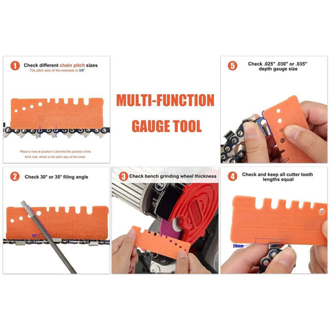 Chainsaw Sharpening Kit 12 Piece All In One Set With Round File Sizes 5 32 3 16 7 32 1 8 11 64 13 64 And 6 Inch Flat File Plus Depth Gauge Quick Check Gauge For Easy Field Sharpening By Hipa multi-function gauge tool demonstration.