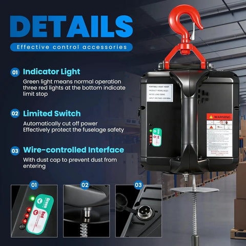3 In 1 Electric Hoist Winch With Wireless And Cable Remote 1100 Lb Lift showcasing control features and details