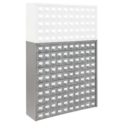 Front view of Heavy Duty 100 Drawer Small Parts Storage Cabinet With Label Holders All Steel Construction In Gray Enamel