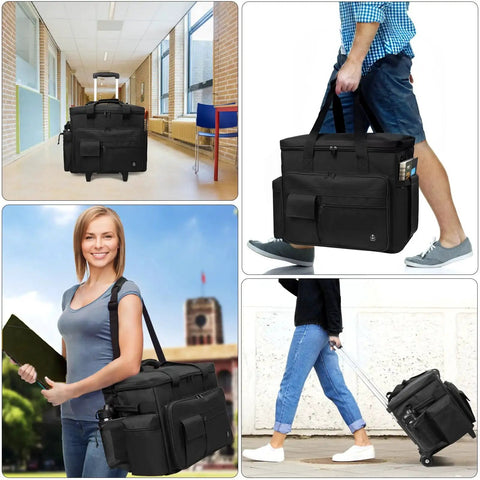 Rolling Teacher Bag With Built In Hard Board And Detachable Trolley, black, 35L, shown in various use cases for travel and school