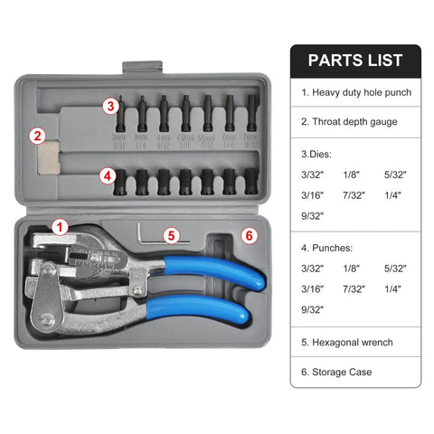 Heavy Duty Hole Punch Set Built To Last With Chrome Vanadium Steel Punches 3/32 In By 9/32 In arranged in a gray storage case