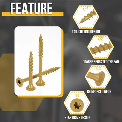 Tan Deck Screws 9x1.25 Inch 100 Pack For Decks Fences Frames Outdoor Furniture Pro Grade Carbon Steel Epoxy Coated With Torx T25 Bit Type 17 Point Heavy Duty Wood Screws displayed with features including tail cutting, serrated thread, reinforced neck, and star drive design.