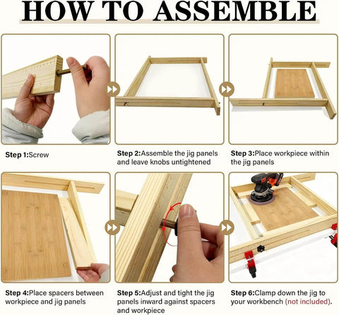 Step-by-step assembly guide for Juice Groove Router Jig For Cutting Boards Adjustable Wooden Router Guide shown in use.