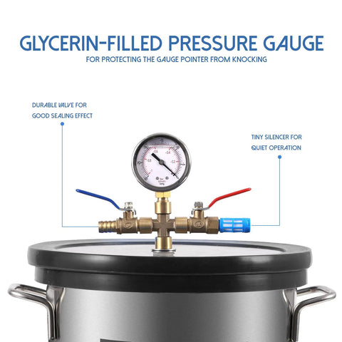3-Gallon vacuum chamber kit with gauge, dual valves and tempered glass lid; brass fittings, blue and red handles