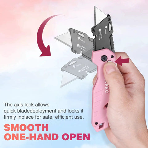 Hand holding Folding Utility Knife With Quick Change Pink Handle And 10 Extra Blades, showing blade deployment.