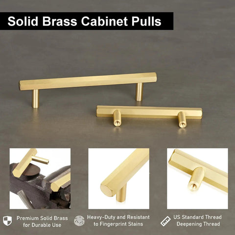 Solid Brass Cabinet Pulls 5 Pack Hexagon Drawer Handles With Five Inch Hole Center And Six Point Six Inch Total Length Brushed Finish