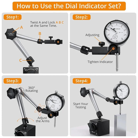 Instructions for using Dial Indicator Set With Magnetic Base Holder And Storage Case For Precision Measurement In 0 To 1 Inch Range 0.001 Inch Graduation 176 Lbs Max Pull For DIY 3D Printers Lathe CNC Machines And Woodworking Shops.