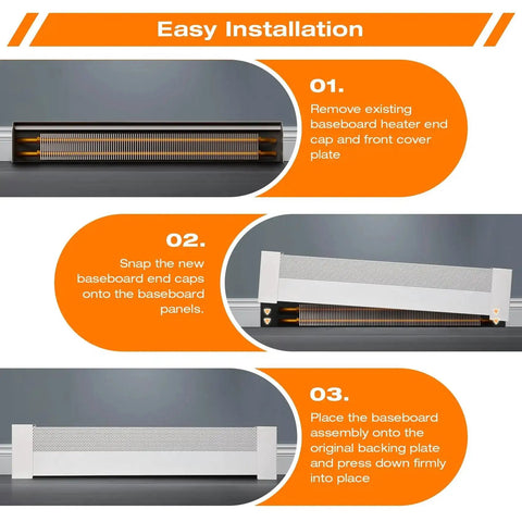Installation steps for 4 Foot Baseboard Heater Cover With Left And Right End Caps For Replacing Old Rusty Electric And Baseboard Covers.