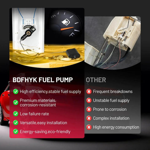 Comparison chart of BDFHYK Fuel Pump vs others, highlighting high efficiency, durability, and easy installation of the fuel pump.