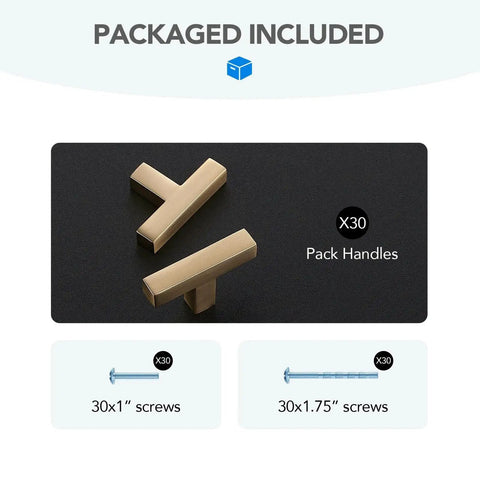 Set Of 30 Solid Single Hole Slim Square Bar Cabinet Pulls In Champagne Bronze Finish with screws for kitchen and bathroom cabinets.