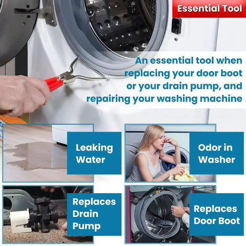 Washing machine inner/outer spring expansion tool for removing door boot seal clamp ring; red-handled pliers