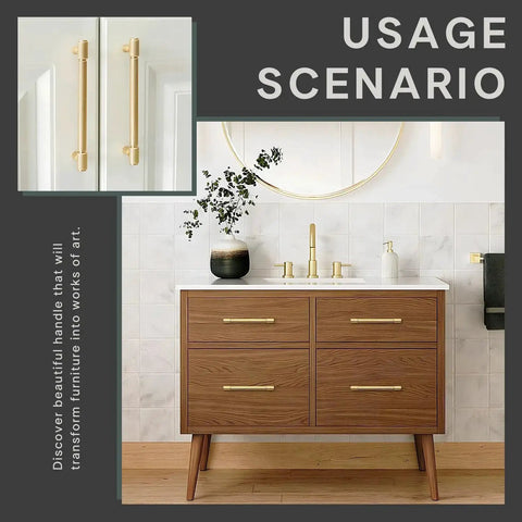 10 Pack Brushed Gold Cabinet Pulls 5 Inch Hole Center 128mm Brushed Brass Handles installed on a wooden bathroom dresser.