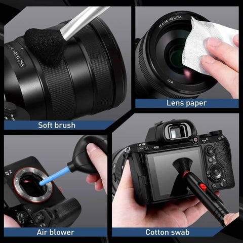 Close-up of Camera Lens Cleaning Kit For Mirrorless And DSLR With Lens Pen Blower in use, showing tools like brush and lens paper.