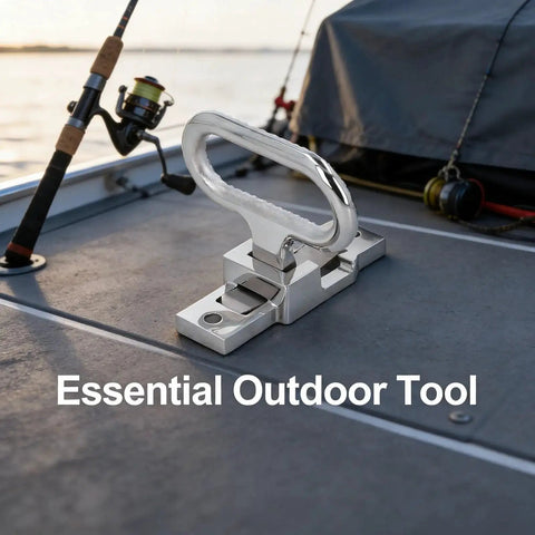 316 stainless steel folding foot pedal by Amazon mounted on boat deck; marine-grade, spring-loaded
