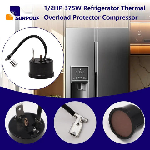 1/2HP 375W Refrigerator Thermal Overload Protector with real-time temperature monitoring and auto shutoff in front of a fridge
