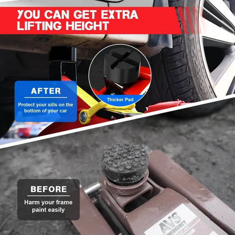 Durable Rubber Floor Jack Pad With Universal Fit, Anti Slip Cross Grooved Protector in use under car