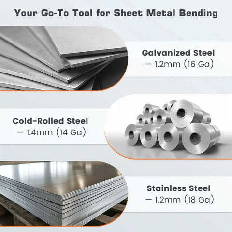 Assorted sheet metals: galvanized, cold-rolled, stainless steel; Heavy Duty 15.25 Inch Sheet Metal Folding Hemming Tool Handheld Bender