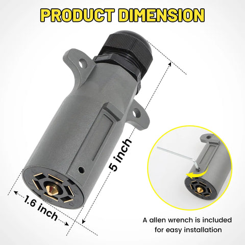 Beefy 7 Pin RV Trailer Plug With IP68 Waterproof Seal Detachable 7 Way Round RV Style Trailer Side Connector Weatherproof 7 Point Trailer Wiring Plug Pro side view showing dimensions and included allen wrench.