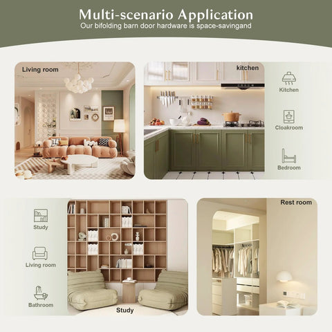 Image showing different room applications for bifolding barn door hardware including living room, kitchen, study, and rest room.