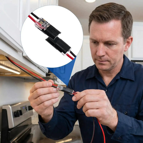 Man installing 60 Pcs Quick Clip Wire Connectors Set For 18 To 22 AWG Low Voltage LED Strips, kitchen scene