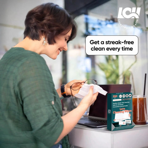 Person using 250 Count Lens Wipes For Eyeglasses Cameras And Screens Pre Moistened with laptop in background