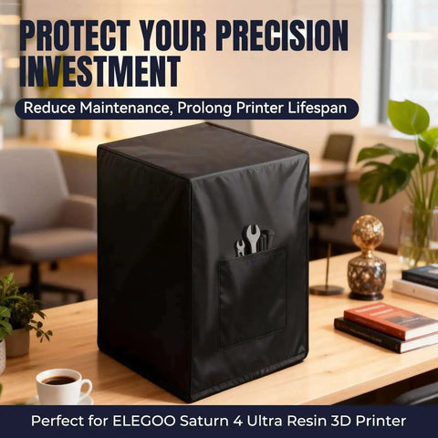 Saturn 4 Ultra Resin 3D Printer Dust Cover With Drawstring And Side Pocket on table, custom fit Oxford fabric shelter against dust.
