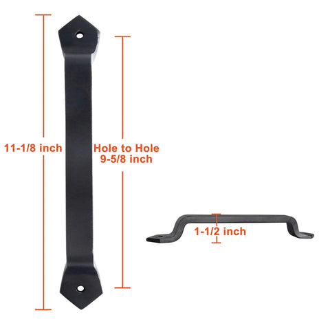 Front and side view of Barn Door Handle Set Eleven And One Eighth Inch Built Tough Rustic Cast Iron Gate Pulls In Black