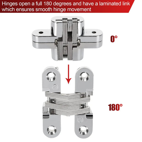 4 Pack Hidden Hinges For Cabinet Doors Zinc Alloy Invisible Hinge 180 Degree Swing Hidden Door Hardware showing open position