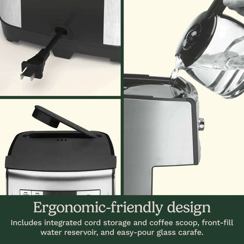 14 Cup PerfecTemp Programmable Coffee Maker With Glass Carafe And 1 4 Cup Setting Brew Strength Control Brew Pause And Over Ice Function In Black Stainless Steel, showing integrated cord storage, water being poured and front-fill water reservoir.