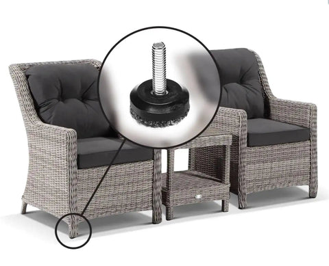 Eight Pack Outdoor Adjustable Furniture Levelers Berber Glide Feet for patio chairs with weatherproof screw-in detail.