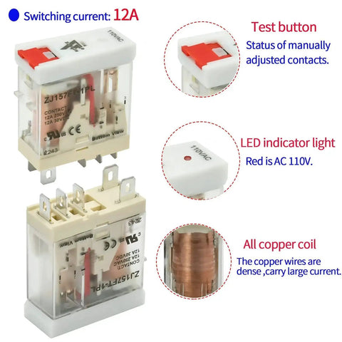 Six Pack 12 Amp 110V Electromagnetic Relay With Handy Test Switch LED Indicator 1NO 1NC SPDT DPDT 5 Pin Socket Base DIN Rail Mount Screw
